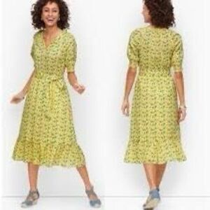 Talbots Women's XS Belted Prairie Dress Pastel Yellow Microfloral Cottagecore